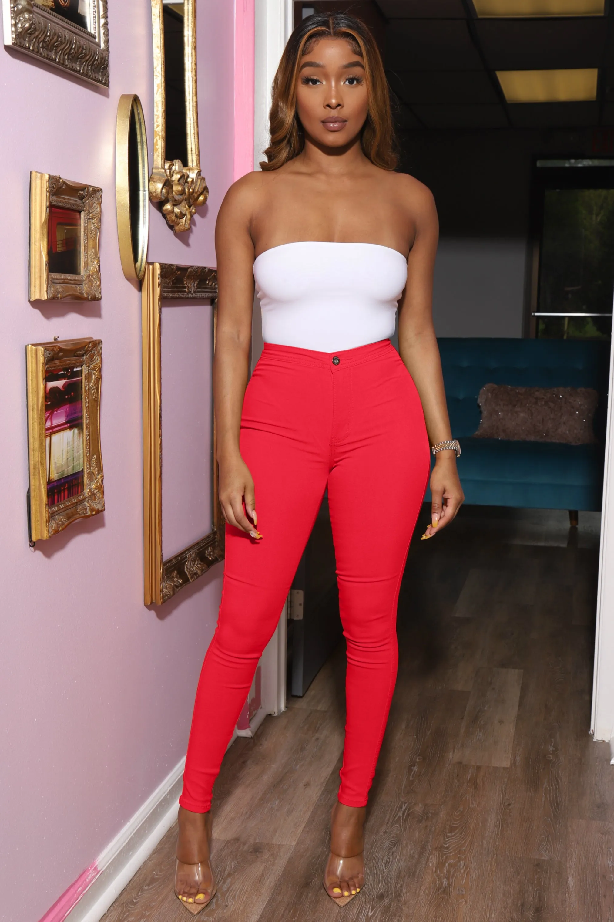 $15.99 Super Swank High Waist Stretchy Jeans - Red
