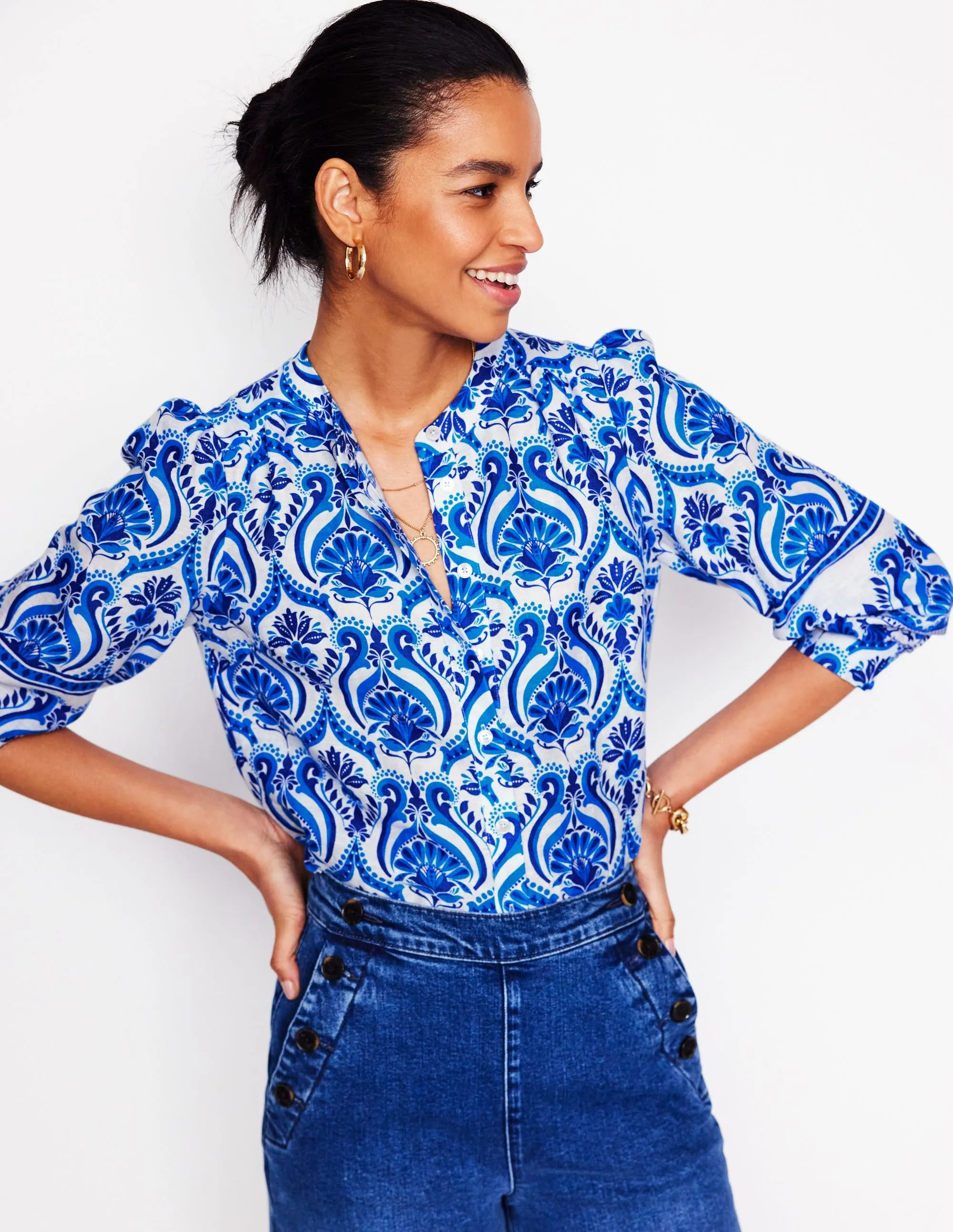 Alicia Linen Top-Blue, Ornamental Floral