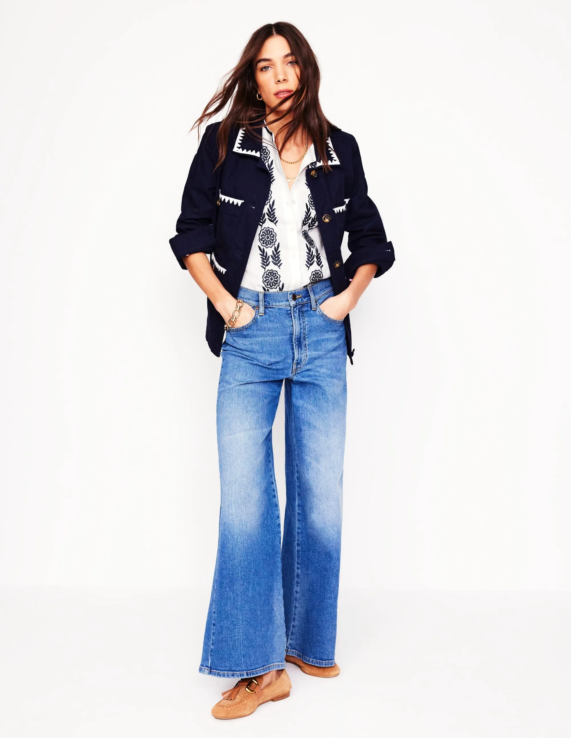 Alicia Linen Top-White, Navy Floral Embroidery