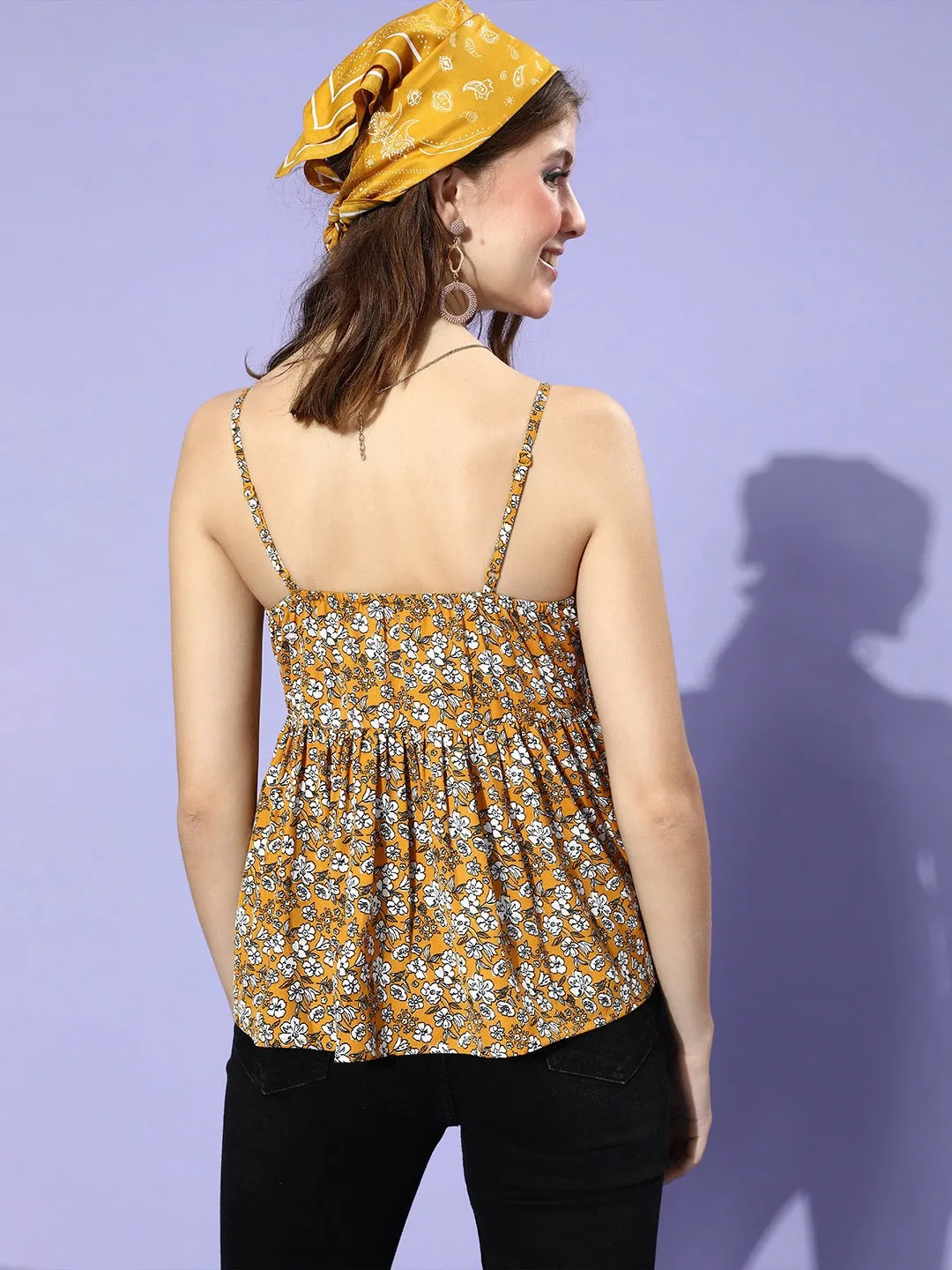 Berrylush Women Mustard Yellow Floral Printed Crepe Peplum Top