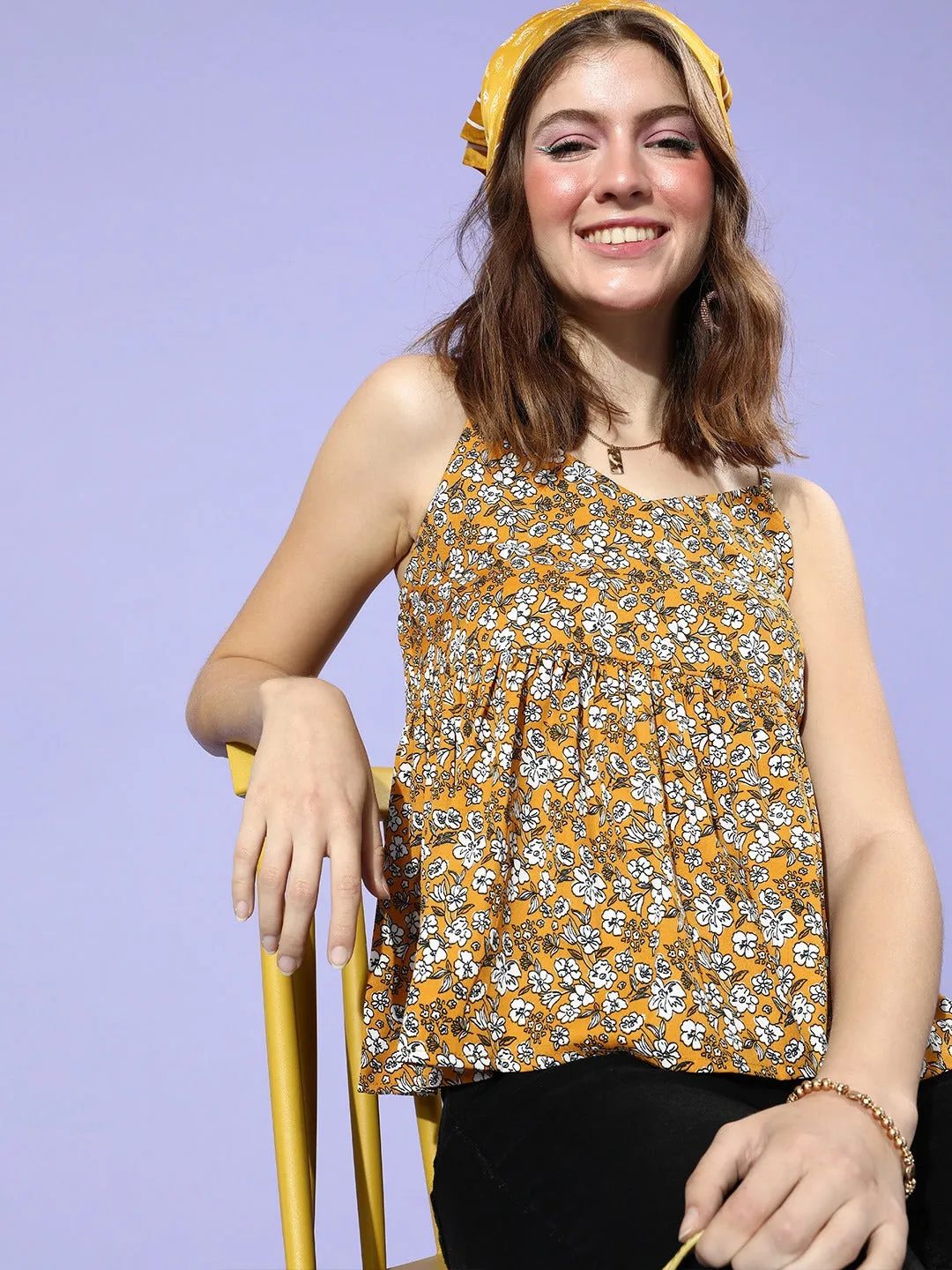 Berrylush Women Mustard Yellow Floral Printed Crepe Peplum Top