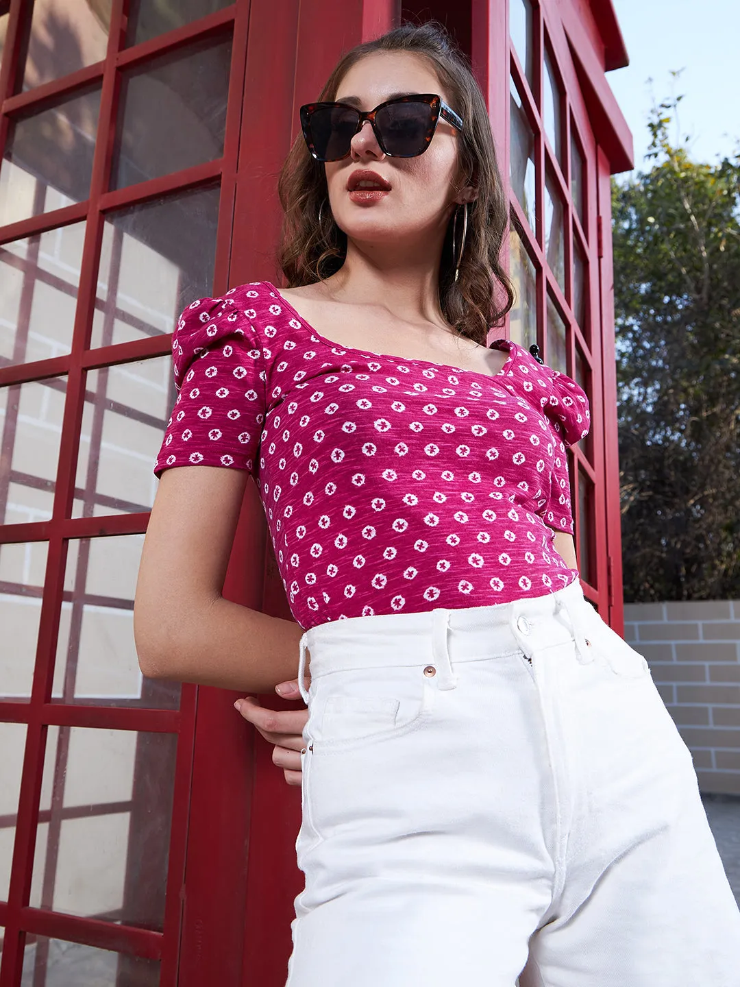 Berrylush Women Pink & White Conversational Printed Square Neck Cotton Blend Woven Regular Top