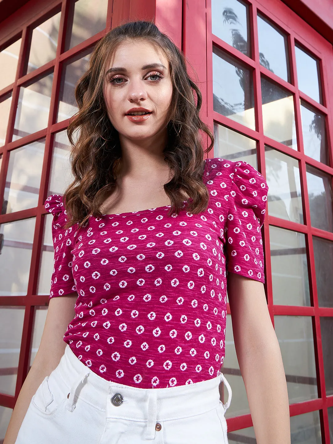 Berrylush Women Pink & White Conversational Printed Square Neck Cotton Blend Woven Regular Top