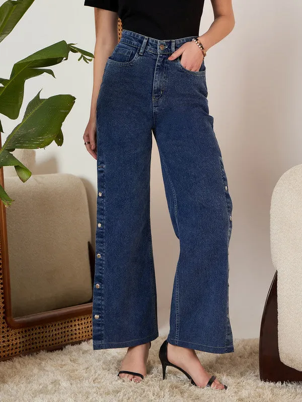 Berrylush Women Solid Navy Blue High-Rise Waist Four-Pocket Cotton Button Embellish Flared Regular Jeans