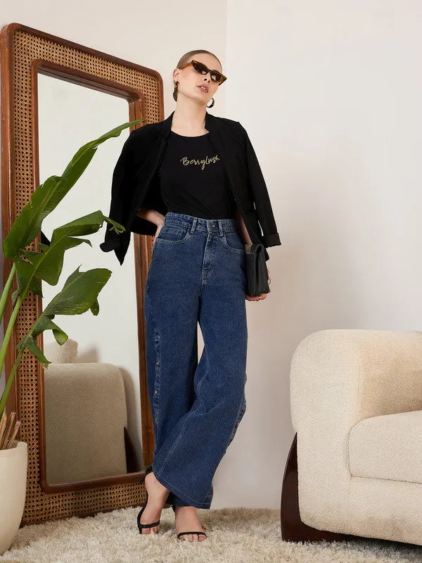 Berrylush Women Solid Navy Blue High-Rise Waist Four-Pocket Cotton Button Embellish Flared Regular Jeans