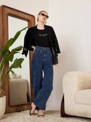 Berrylush Women Solid Navy Blue High-Rise Waist Four-Pocket Cotton Button Embellish Flared Regular Jeans