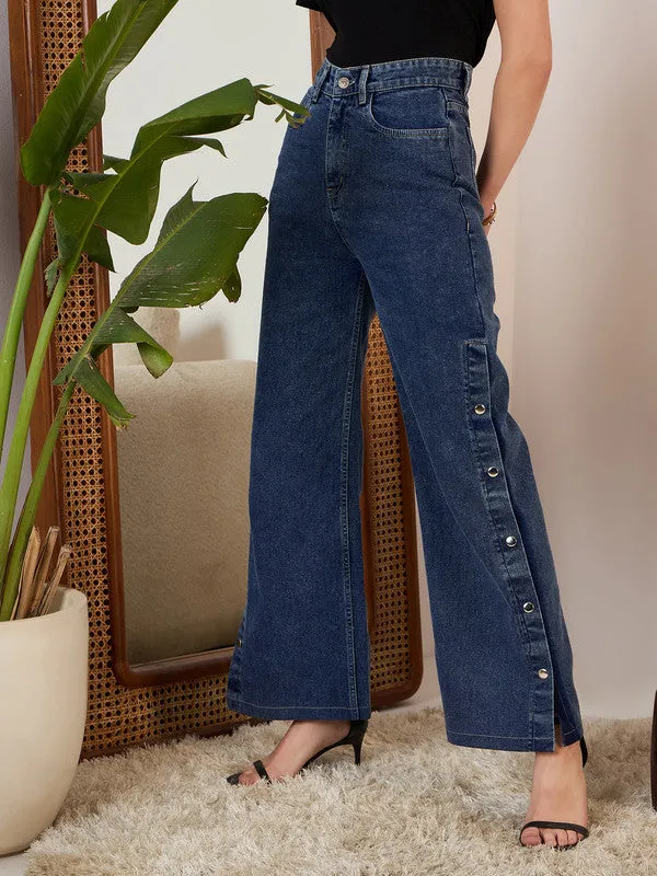 Berrylush Women Solid Navy Blue High-Rise Waist Four-Pocket Cotton Button Embellish Flared Regular Jeans