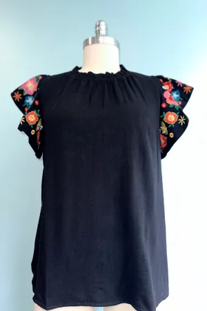 Black Floral Embroidered Flutter Sleeve Linen Top