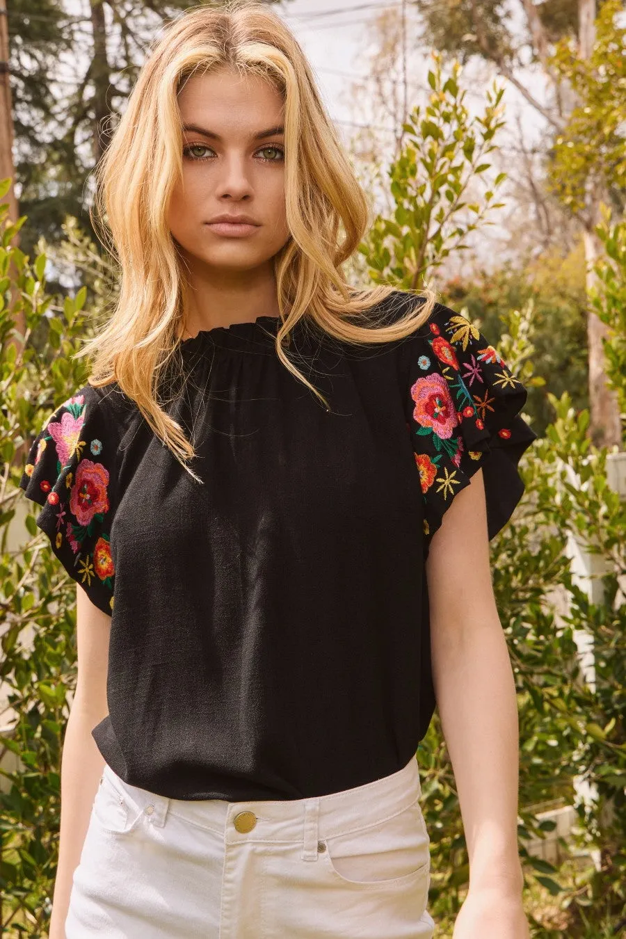 Black Floral Embroidered Flutter Sleeve Linen Top