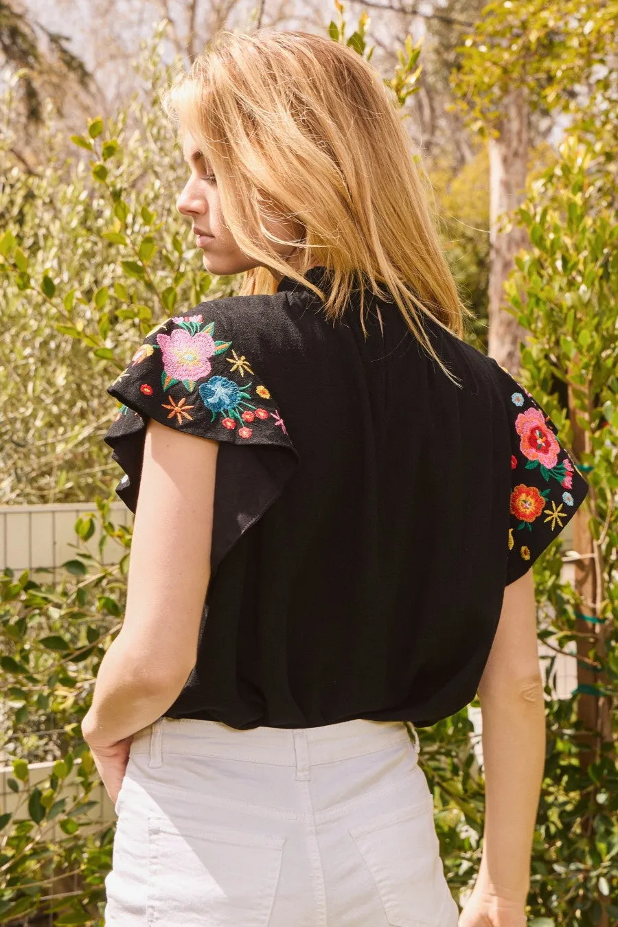 Black Floral Embroidered Flutter Sleeve Linen Top