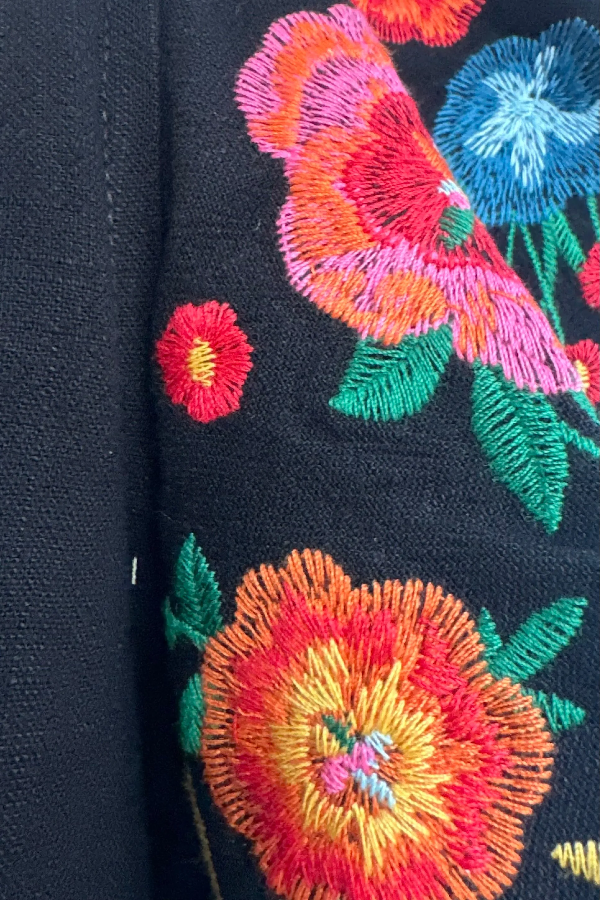 Black Floral Embroidered Flutter Sleeve Linen Top