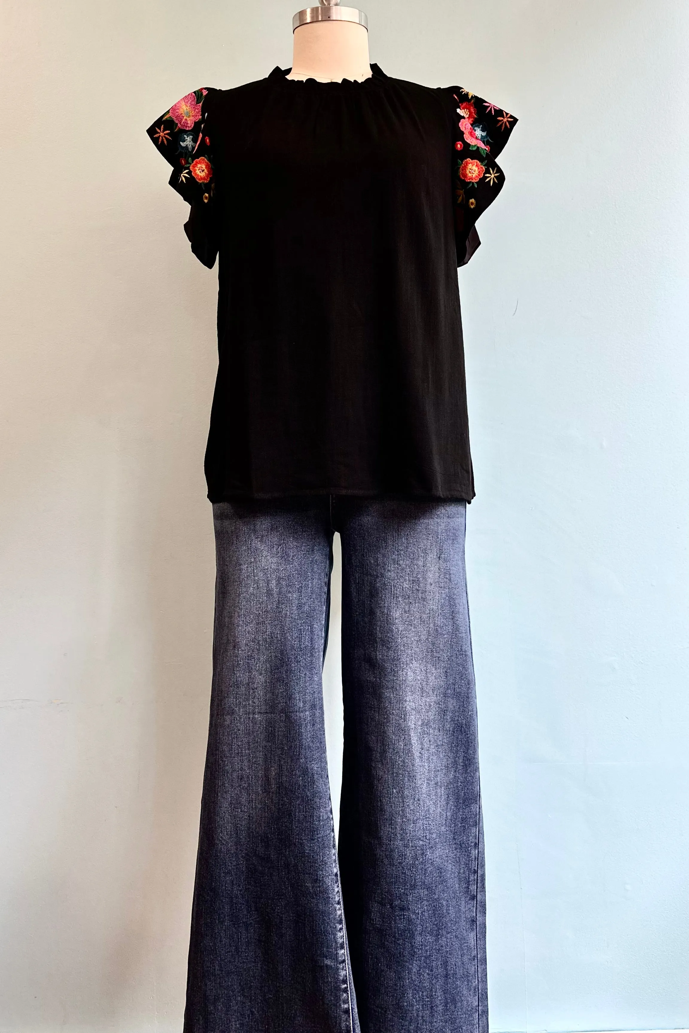 Black Floral Embroidered Flutter Sleeve Linen Top