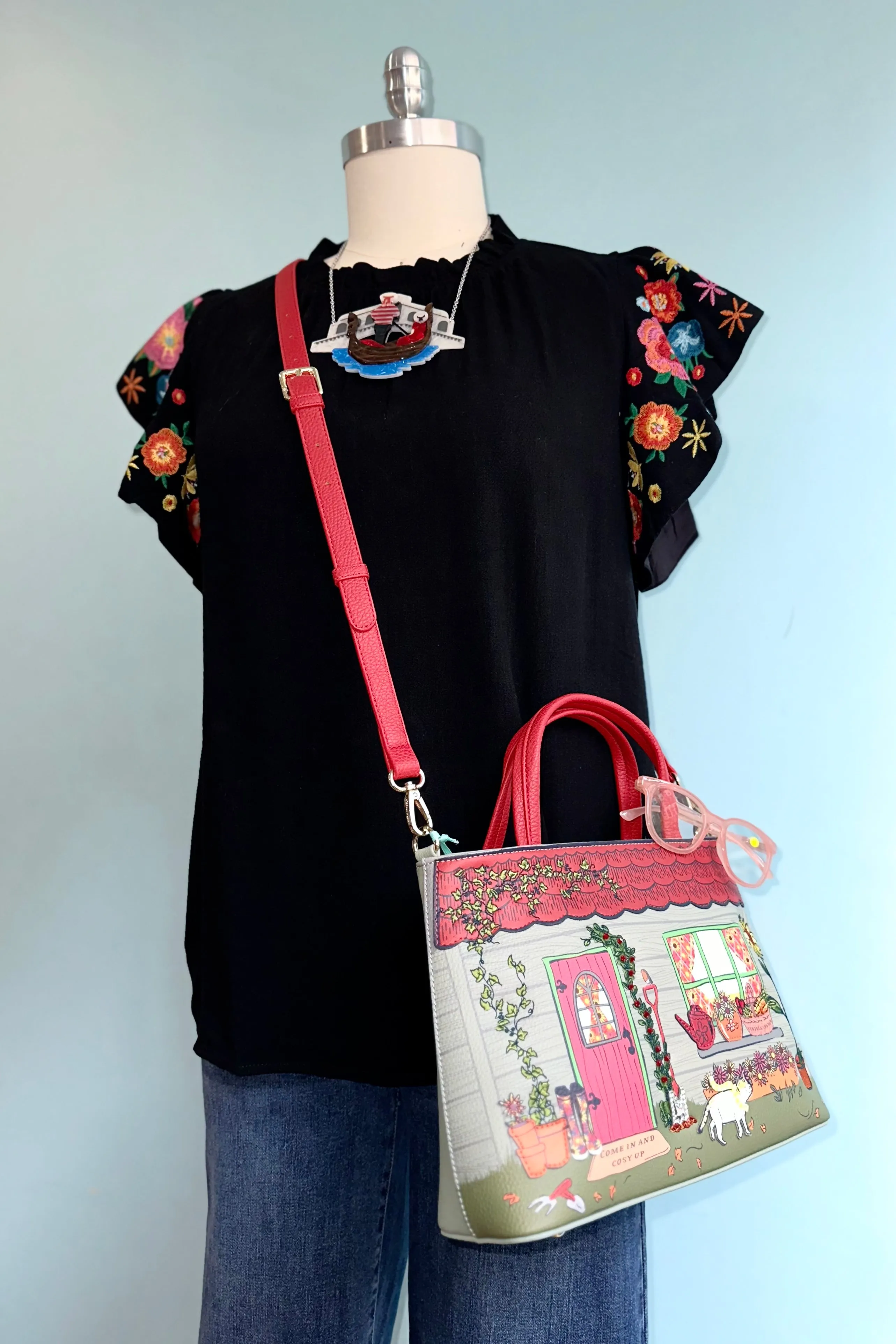 Black Floral Embroidered Flutter Sleeve Linen Top