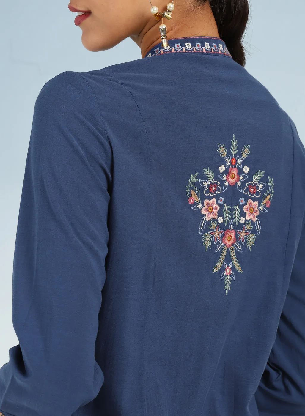 Blue Boho Straight Tunic with Dense Embroidery
