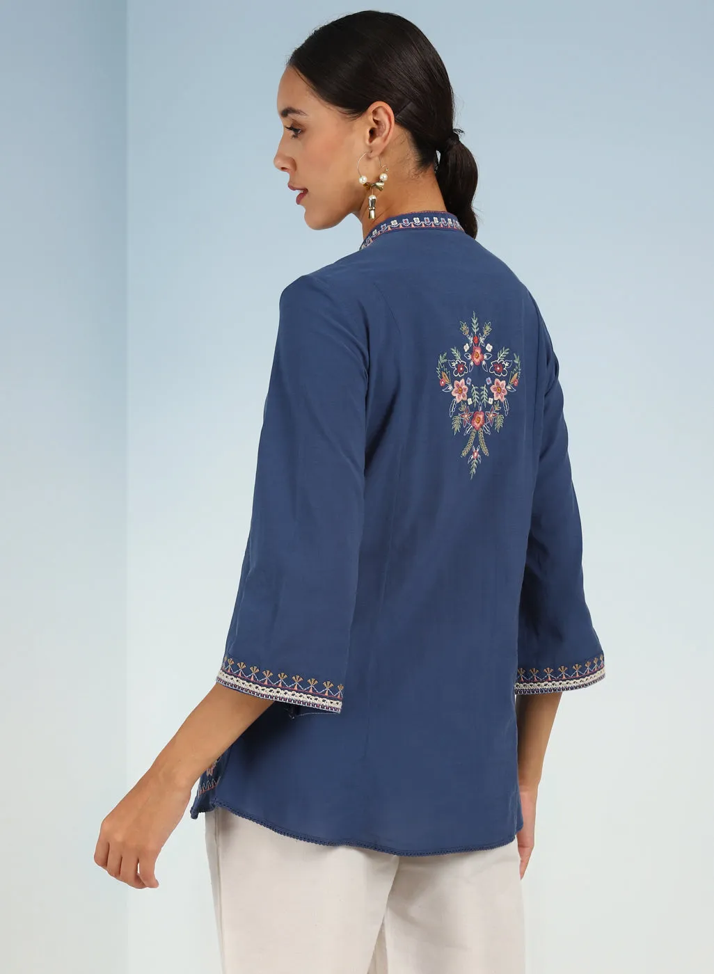 Blue Boho Straight Tunic with Dense Embroidery