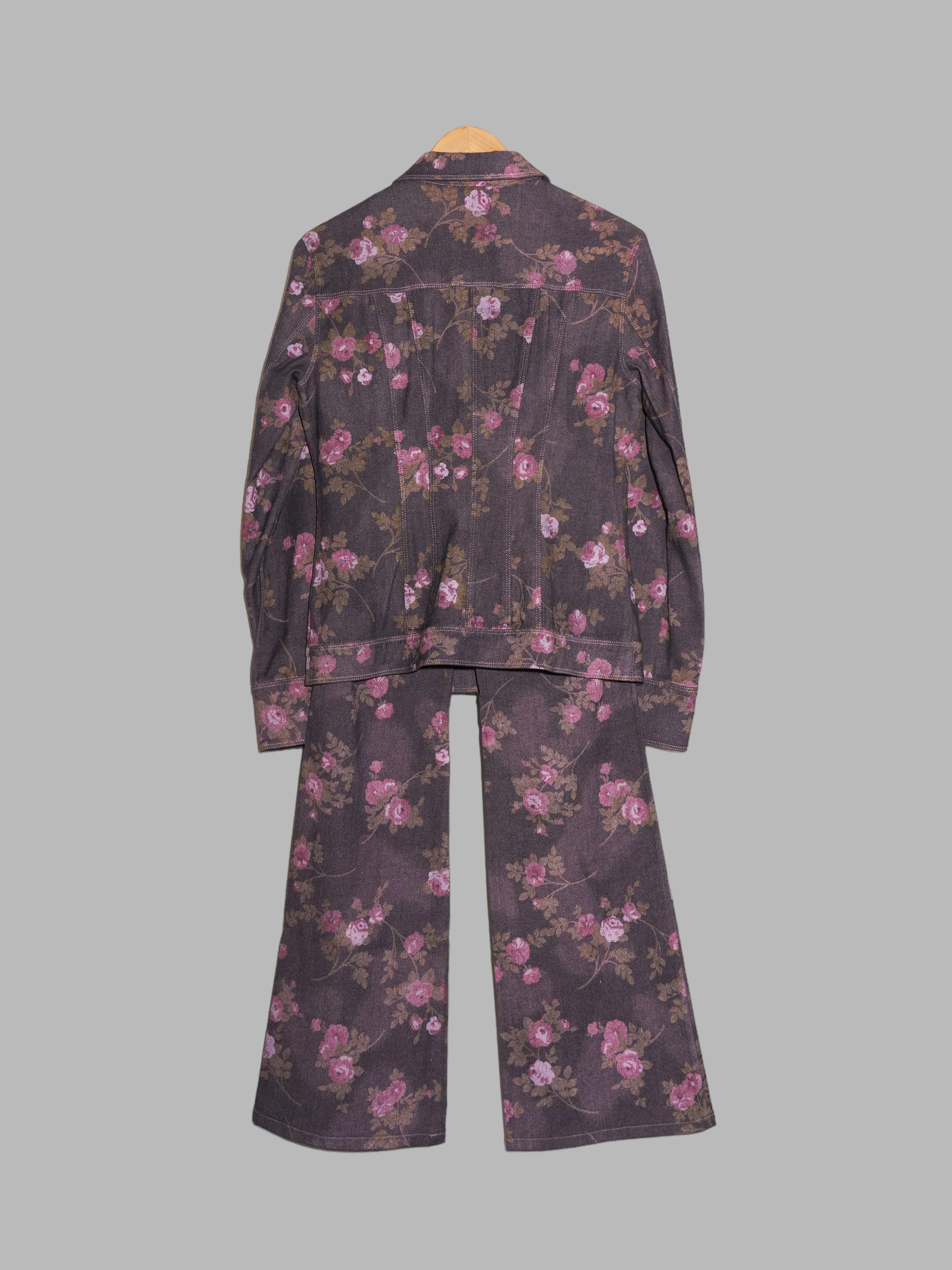 Evex by Krizia purple pink denim floral print trucker jacket jeans suit