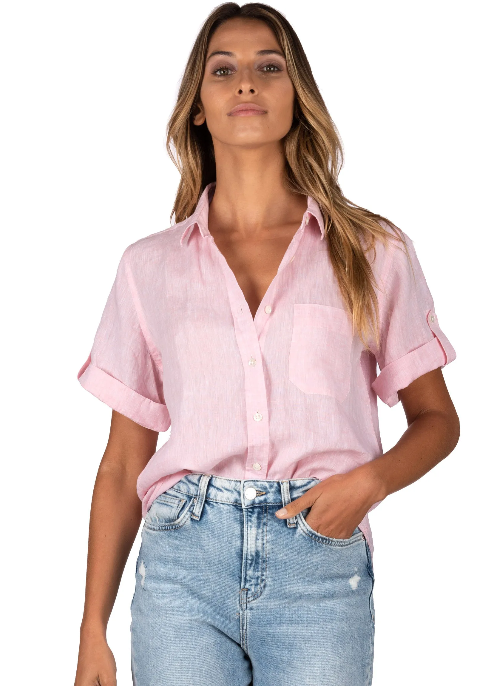 Febe-SS Soft Pink Linen Camp Shirt