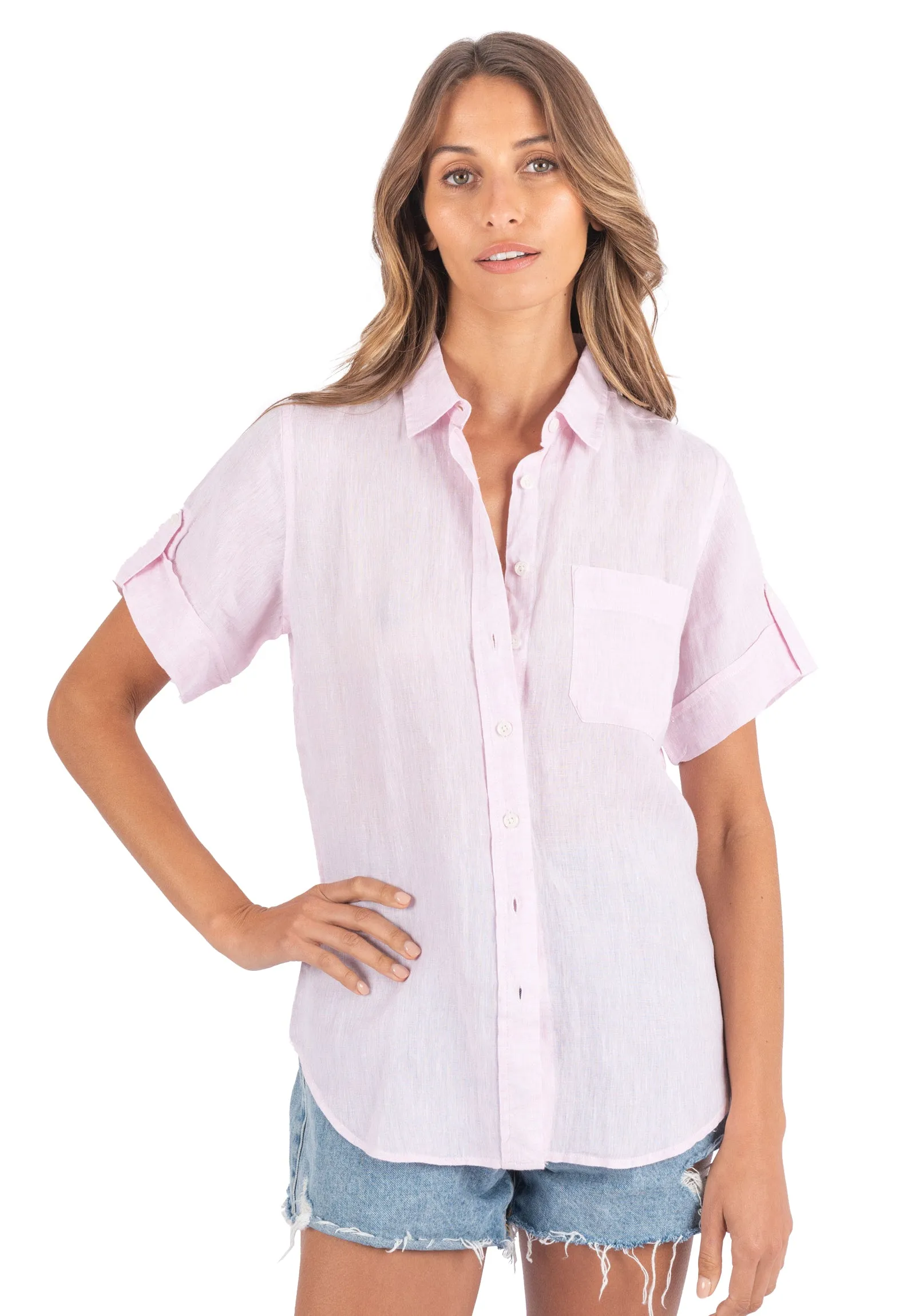 Febe-SS Soft Pink Linen Camp Shirt