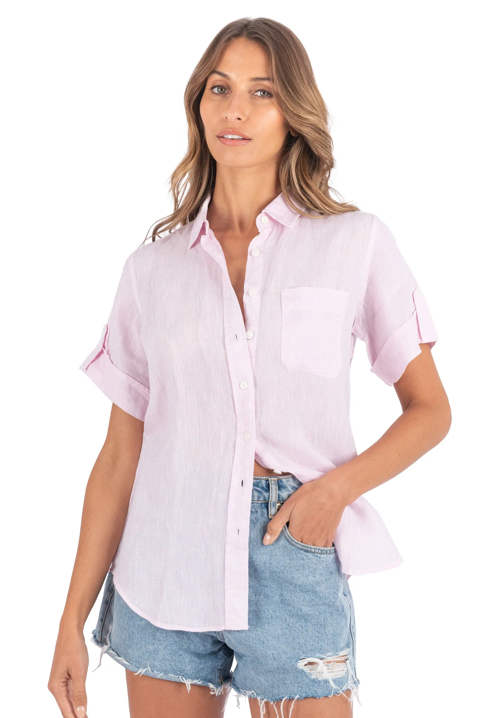 Febe-SS Soft Pink Linen Camp Shirt