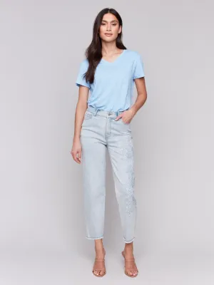 Flower Embroidered Slim Fit Jeans - Bleach Blue