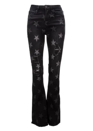 Highway Star Black Denim Star Print Ripped Flare Jeans Bell Bottoms