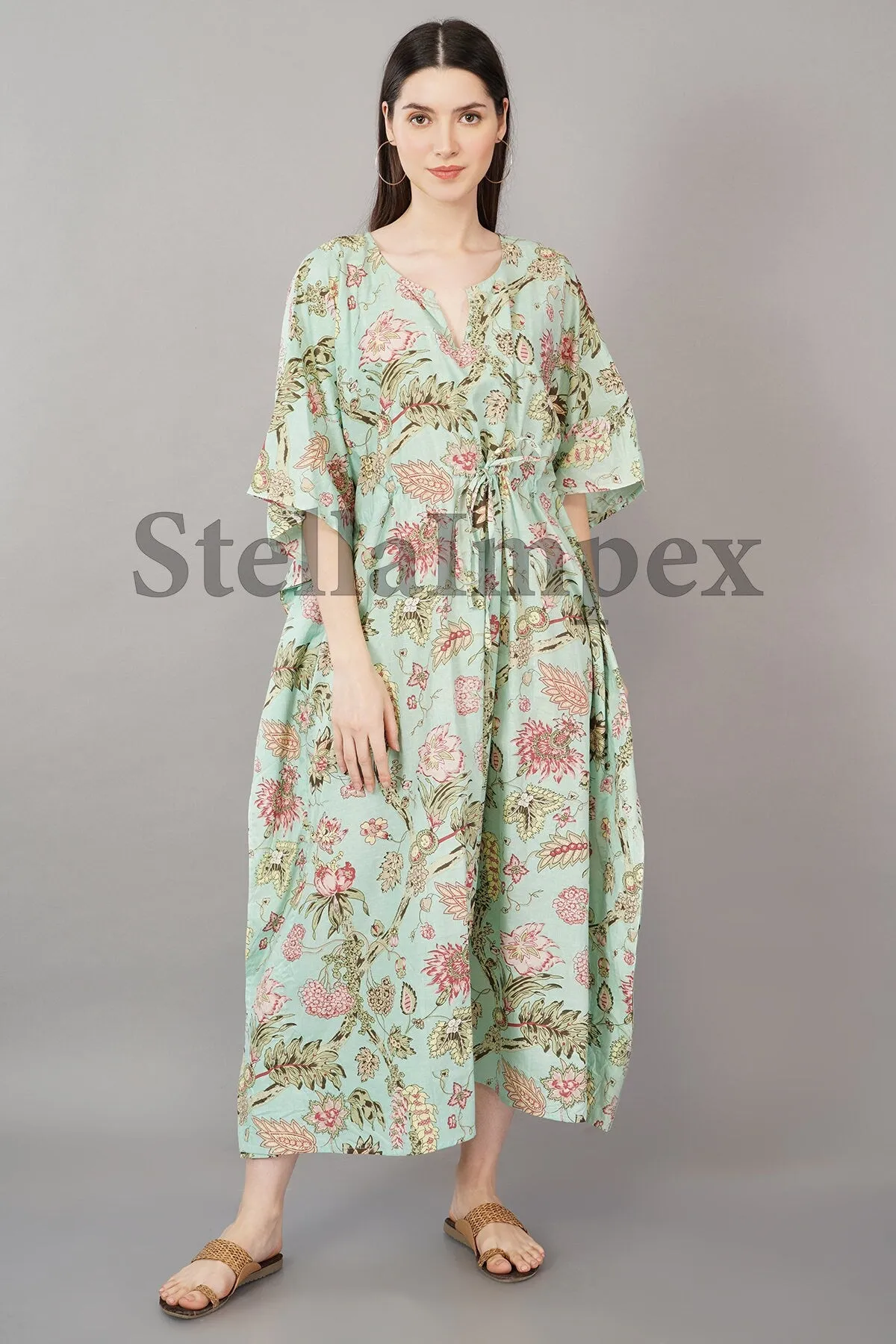 Indian Handprint Cotton Kaftan, Elegant Green Floral Long Caftan Resort Wear Beach Dress Boho Kaftan, Gift for Her