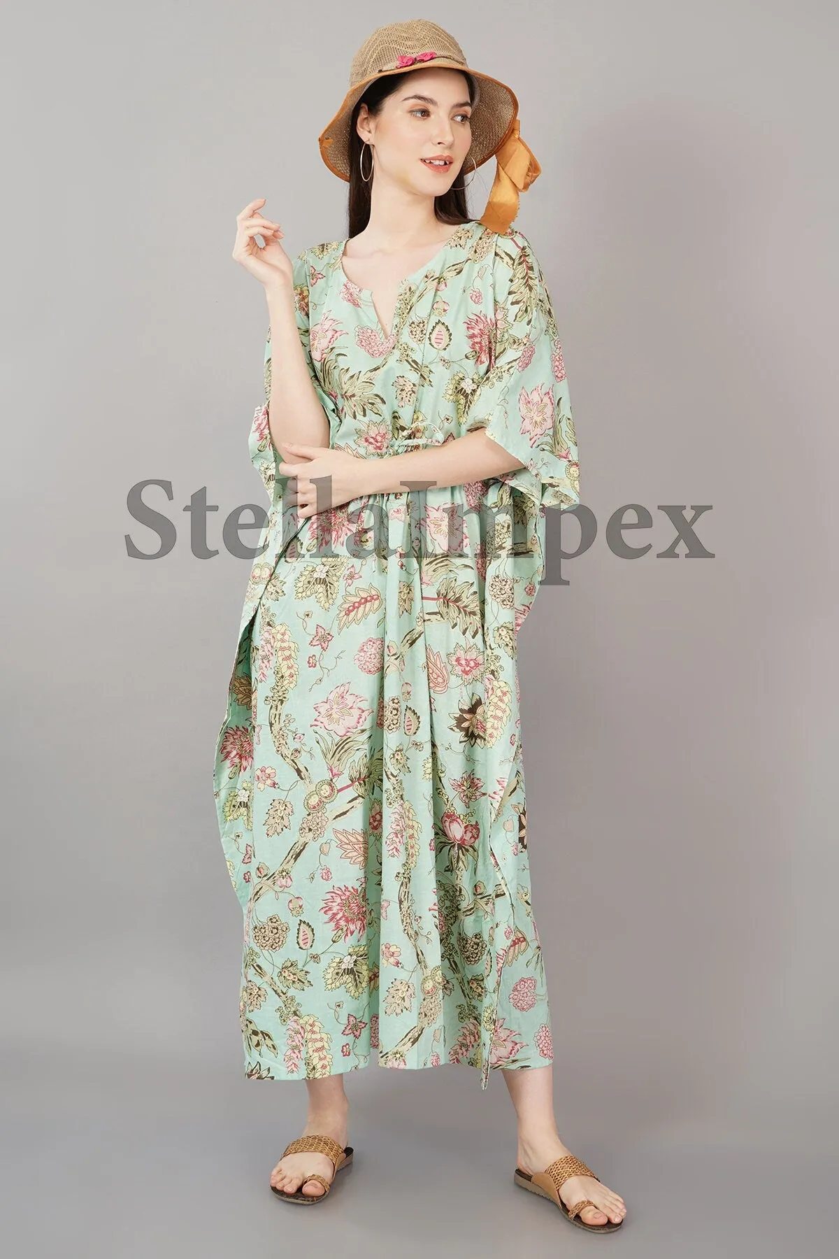 Indian Handprint Cotton Kaftan, Elegant Green Floral Long Caftan Resort Wear Beach Dress Boho Kaftan, Gift for Her