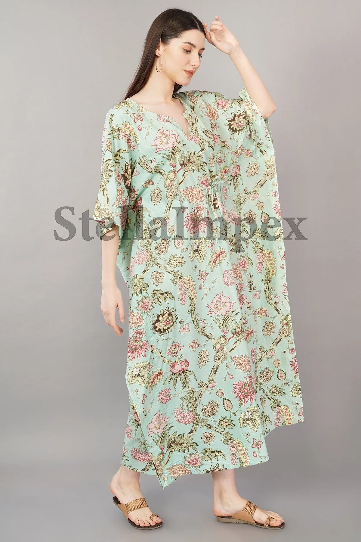 Indian Handprint Cotton Kaftan, Elegant Green Floral Long Caftan Resort Wear Beach Dress Boho Kaftan, Gift for Her