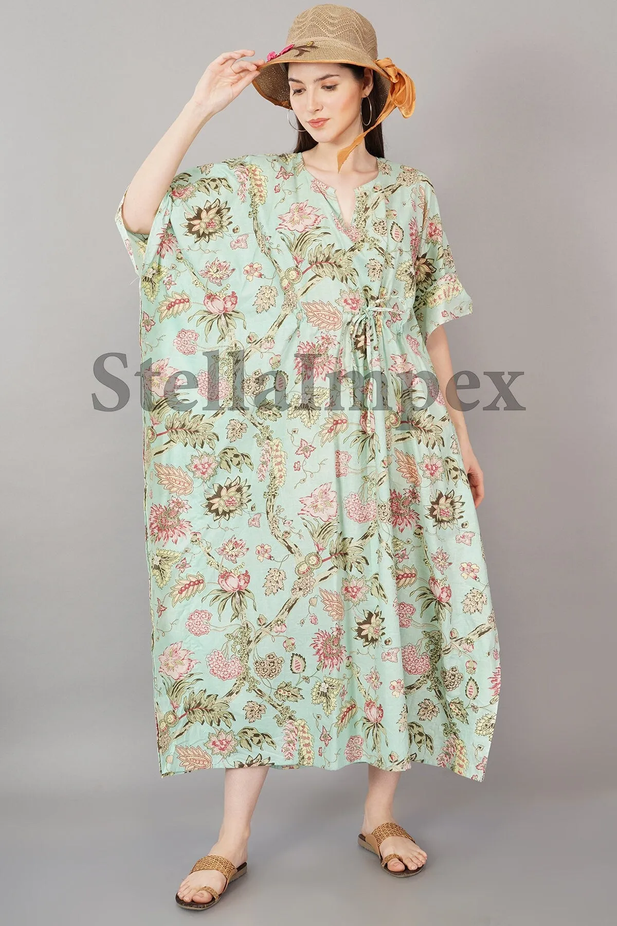 Indian Handprint Cotton Kaftan, Elegant Green Floral Long Caftan Resort Wear Beach Dress Boho Kaftan, Gift for Her