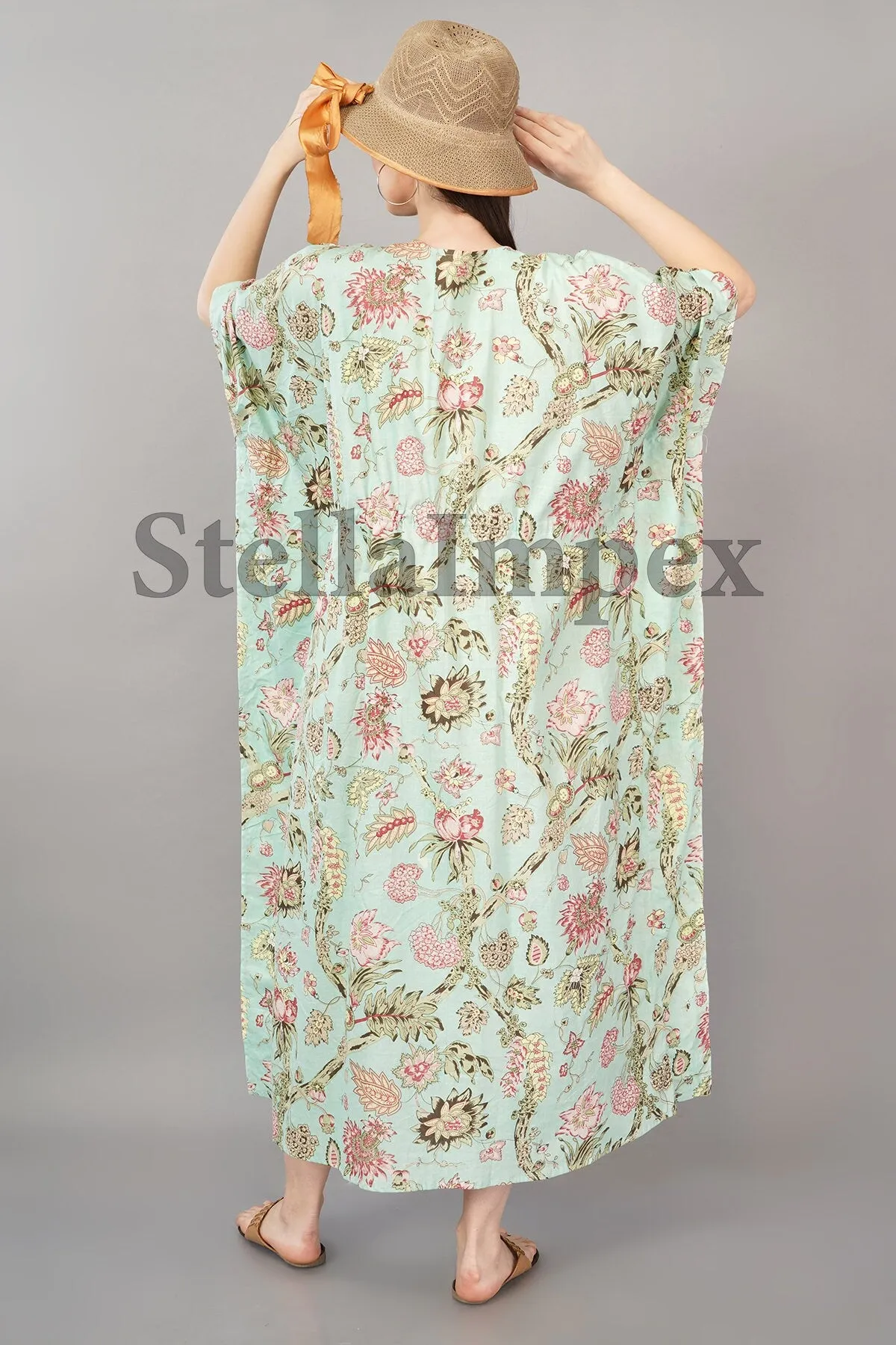 Indian Handprint Cotton Kaftan, Elegant Green Floral Long Caftan Resort Wear Beach Dress Boho Kaftan, Gift for Her