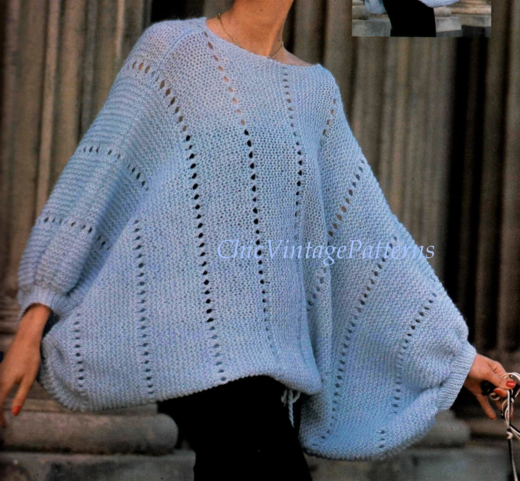 Knitted Sweater, Dramatic Party Top, Instant Download Pattern, Batwing Sleeves