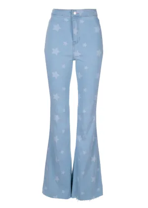 Light Blue Denim High Rise Star Print Flared Jeans Bell Bottoms