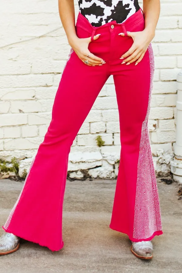Luck and Blessed Pink Rhinestone Side Panel Flare Jeans (Tummy Control)