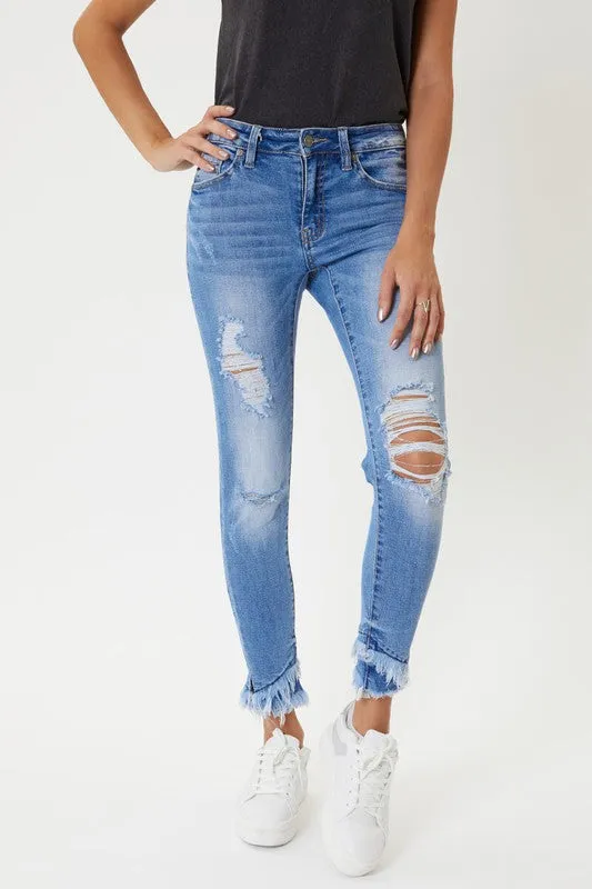 Mid Rise Hem Detail Ankle Skinny Jeans