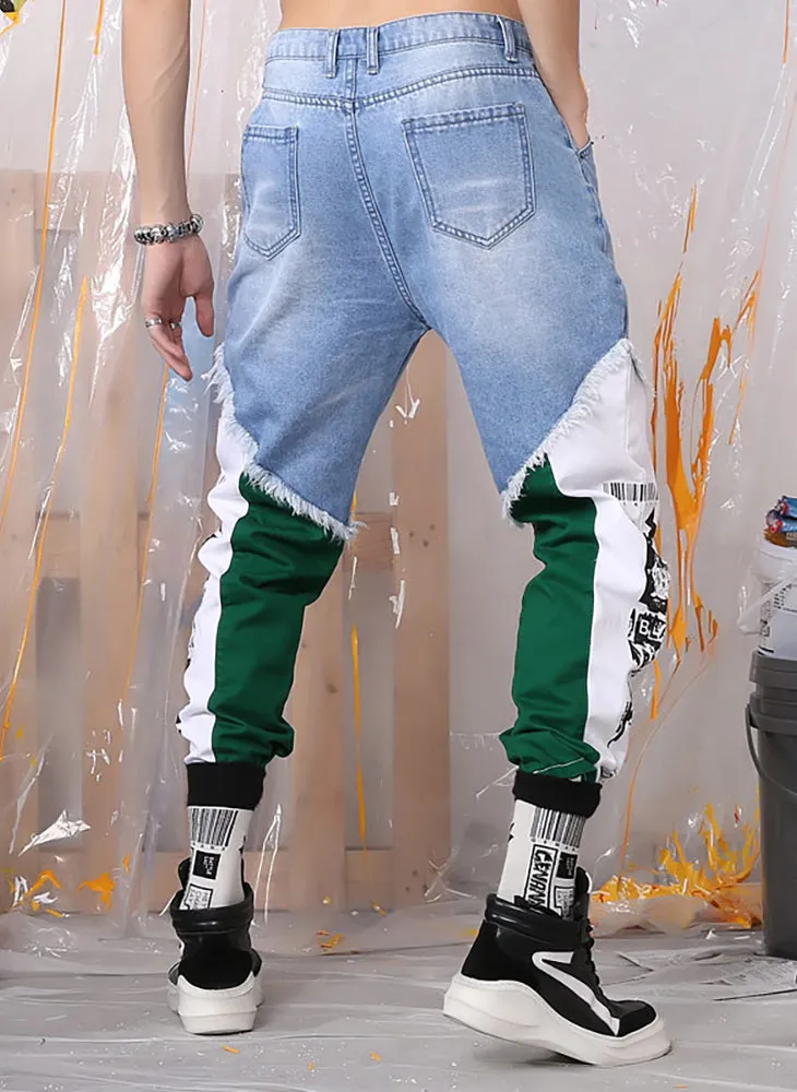 Patchwork Contrast Color Zipper Denim Pants