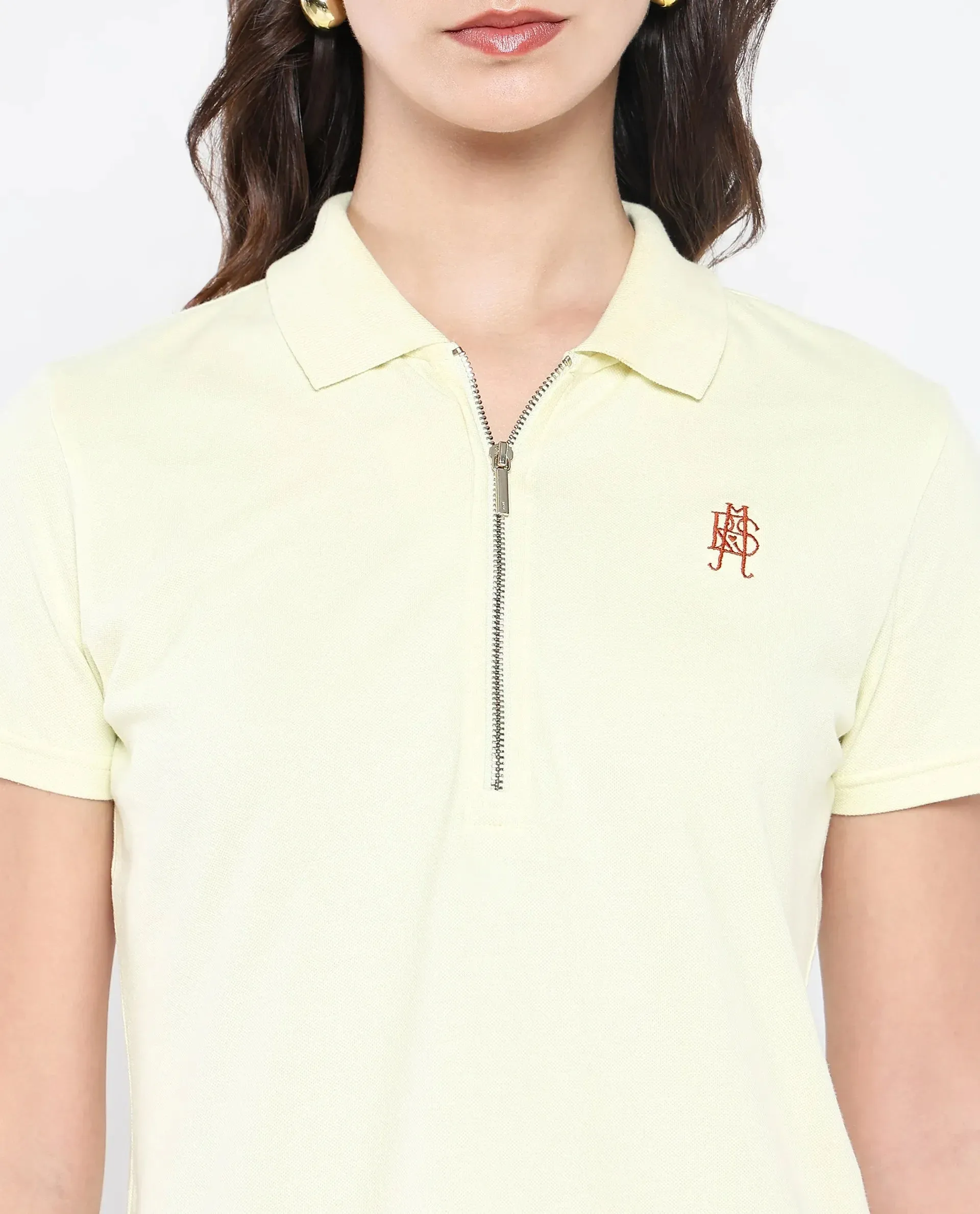 Rareism Women Laken Pastel Green Cotton Lycra Fabric Short Sleeve Polo Collar Zipper Closure Plain Polo