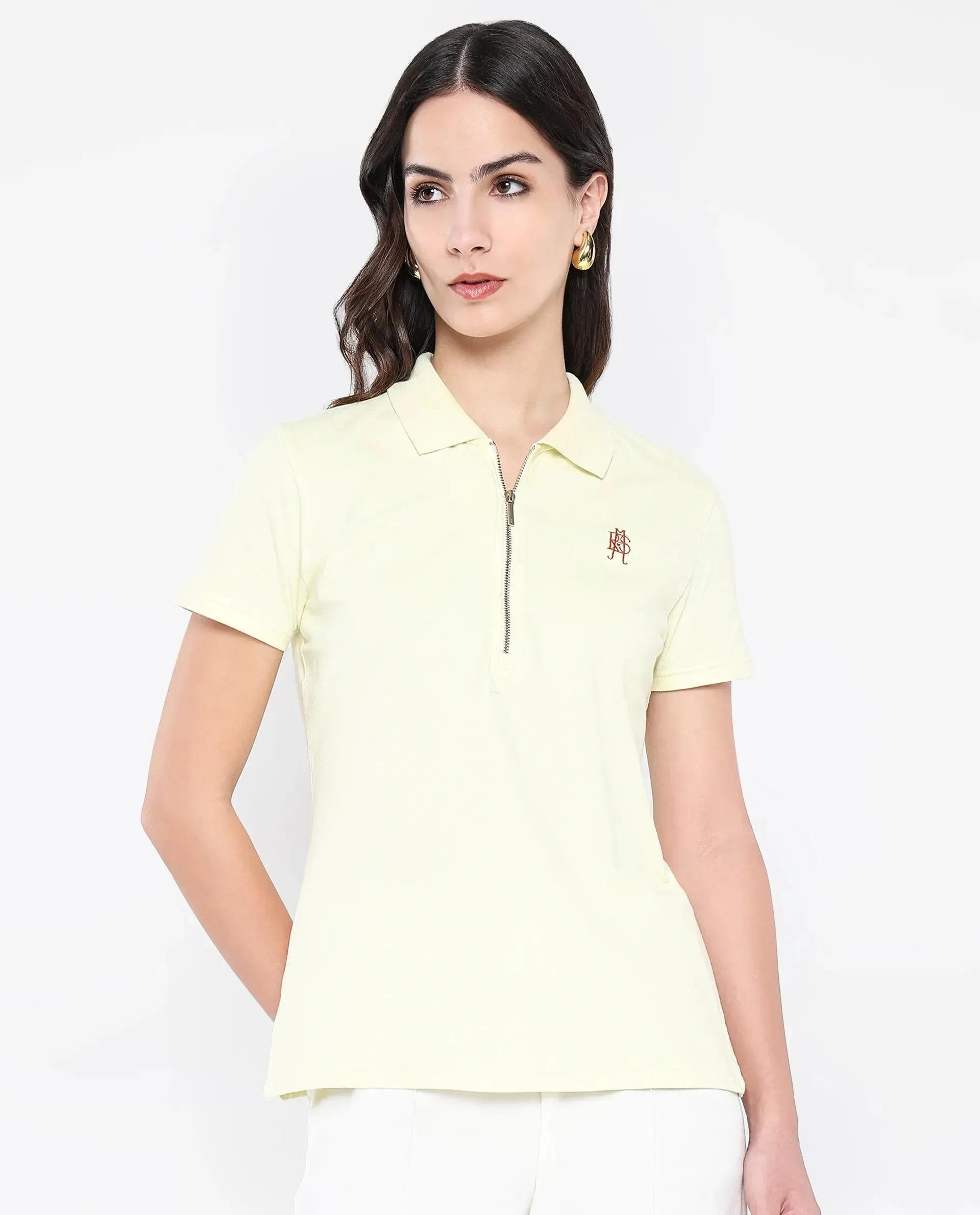 Rareism Women Laken Pastel Green Cotton Lycra Fabric Short Sleeve Polo Collar Zipper Closure Plain Polo