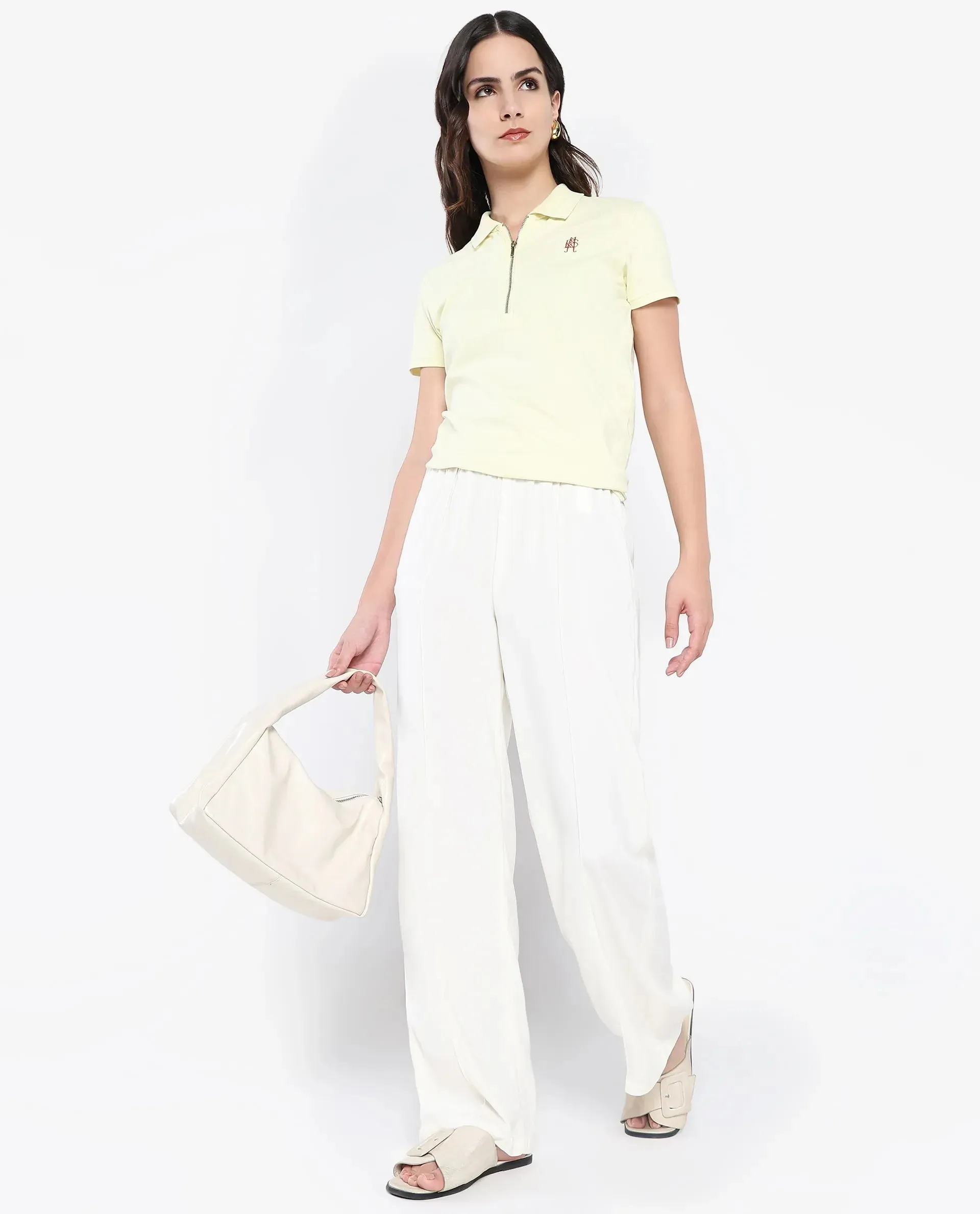 Rareism Women Laken Pastel Green Cotton Lycra Fabric Short Sleeve Polo Collar Zipper Closure Plain Polo