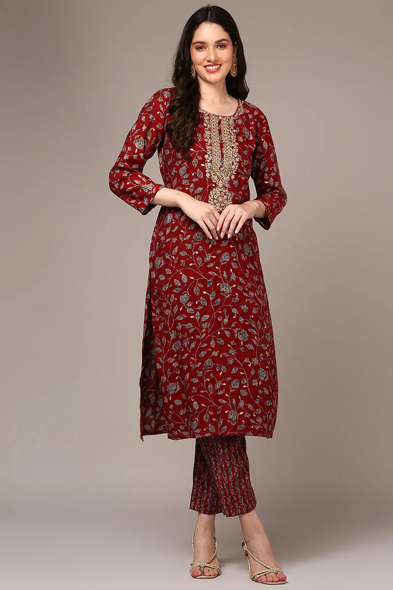 Red Viscose Rayon Embroidered Straight Kurta