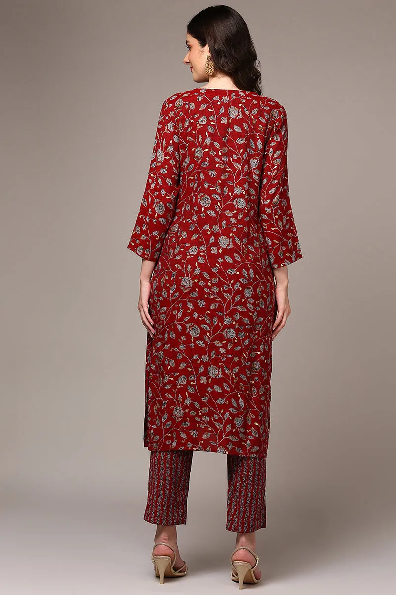 Red Viscose Rayon Embroidered Straight Kurta