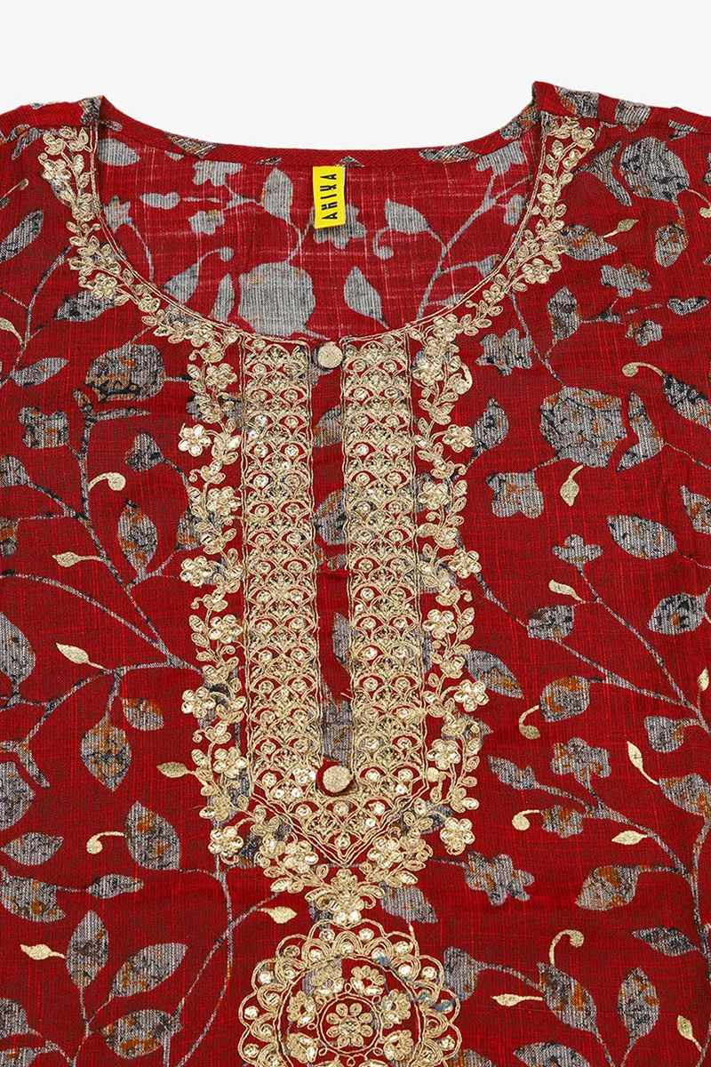 Red Viscose Rayon Embroidered Straight Kurta