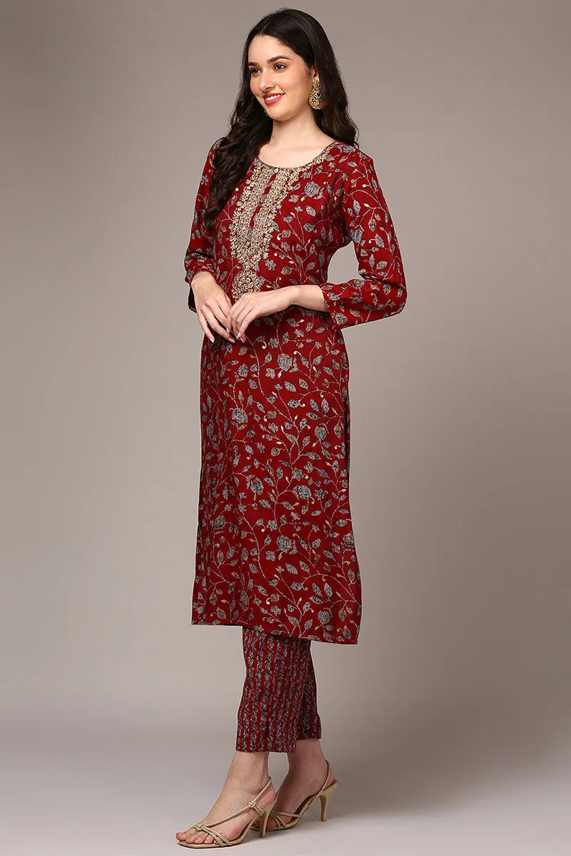 Red Viscose Rayon Embroidered Straight Kurta
