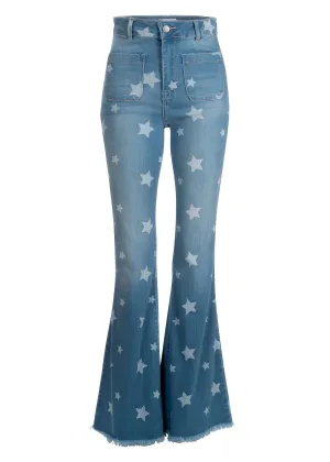 Stardust Blue Denim Star Print Flare Jean with Frayed Hem