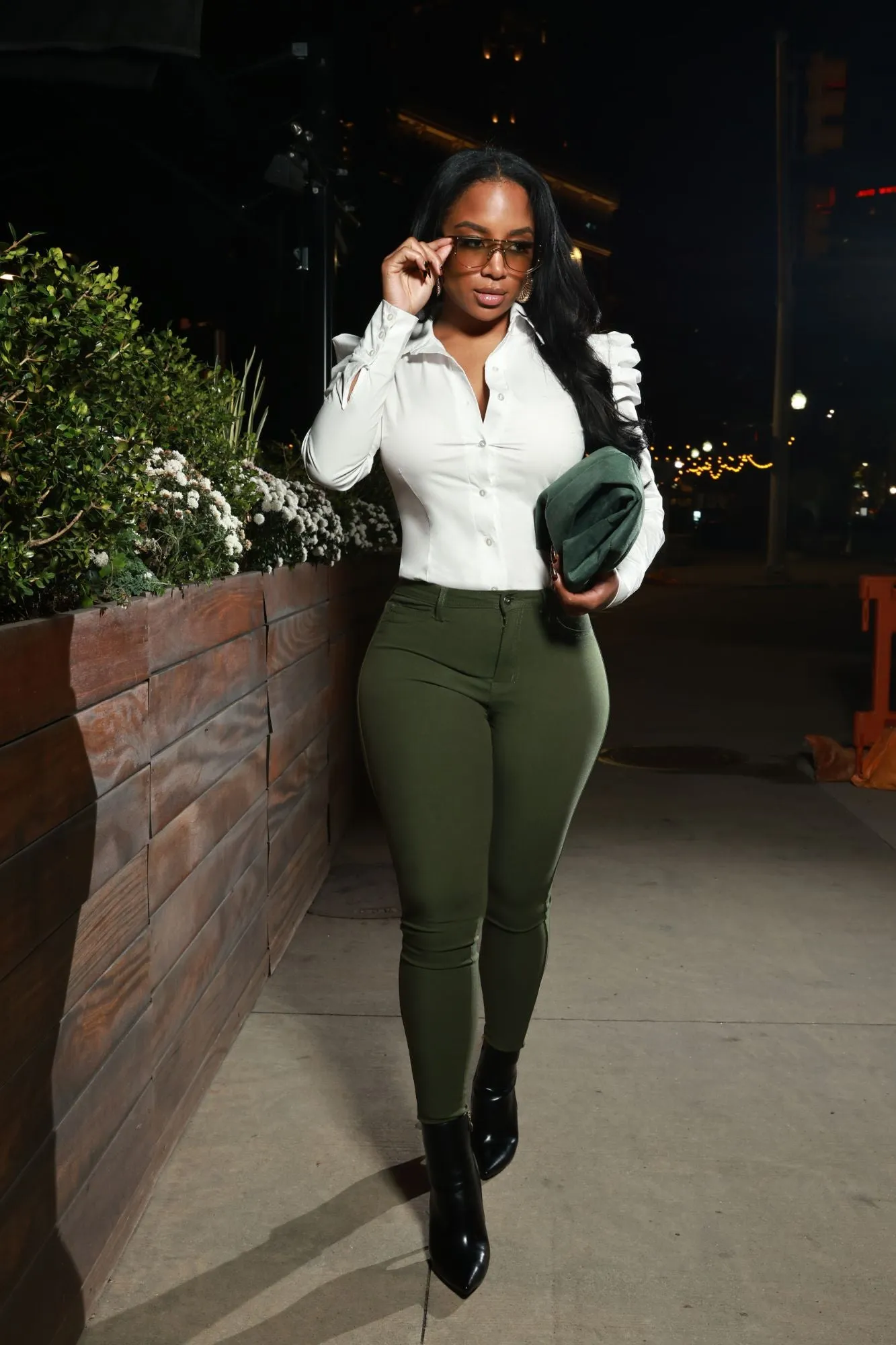 Super Swank High Rise Belt Loop Stretchy Skinny Jeans - Olive