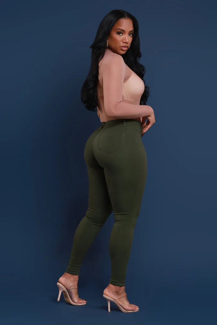 Super Swank High Rise Belt Loop Stretchy Skinny Jeans - Olive