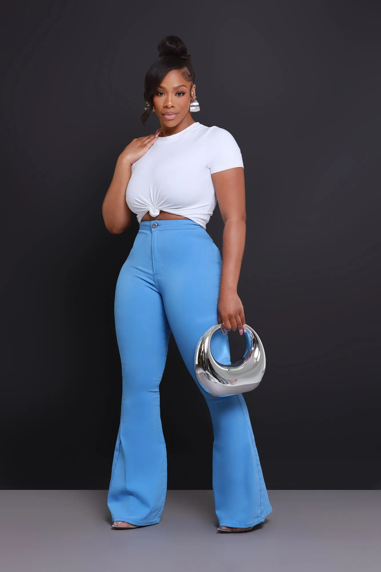 Super Swank High Rise Flare Stretchy Jeans - Baby Blue