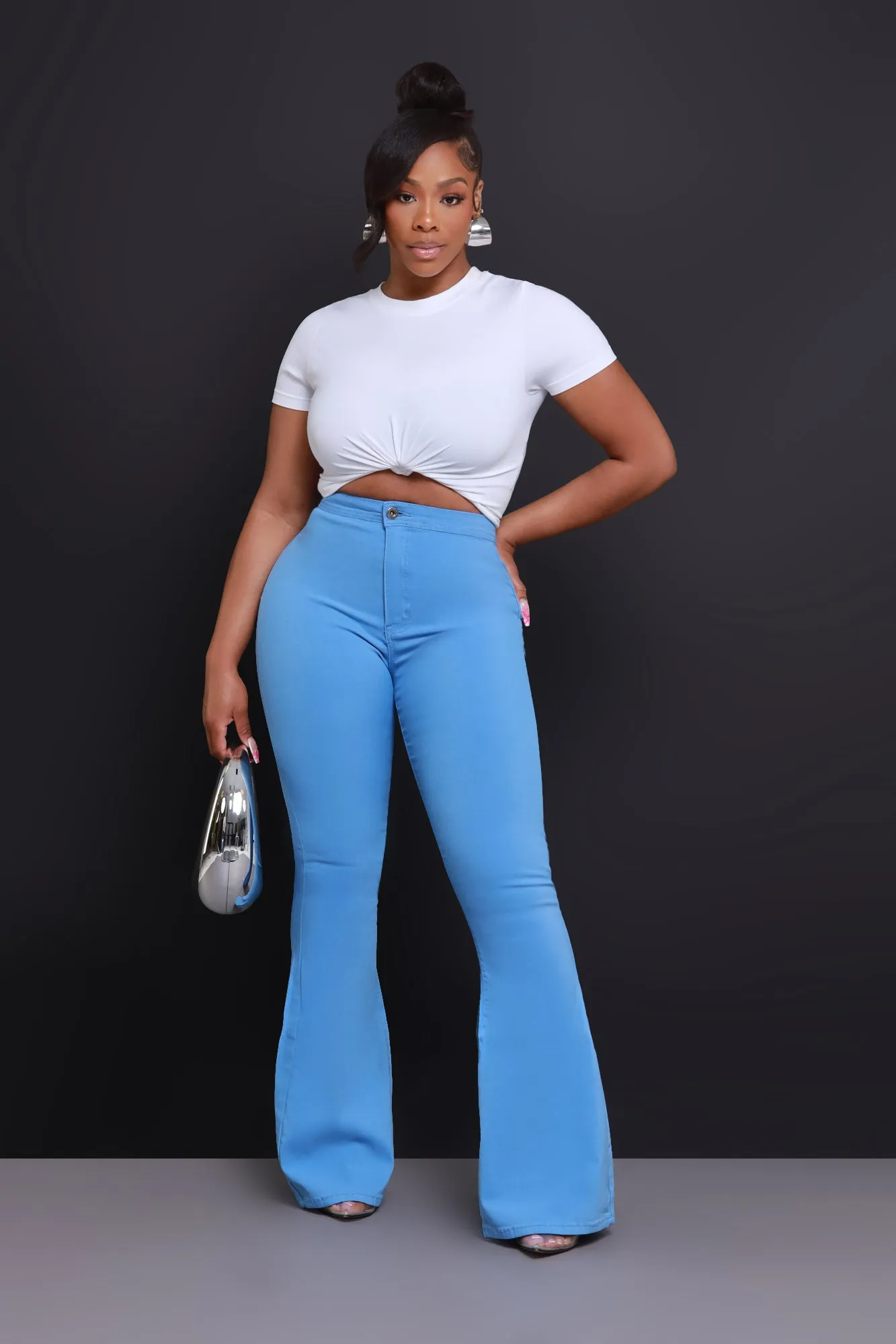Super Swank High Rise Flare Stretchy Jeans - Baby Blue