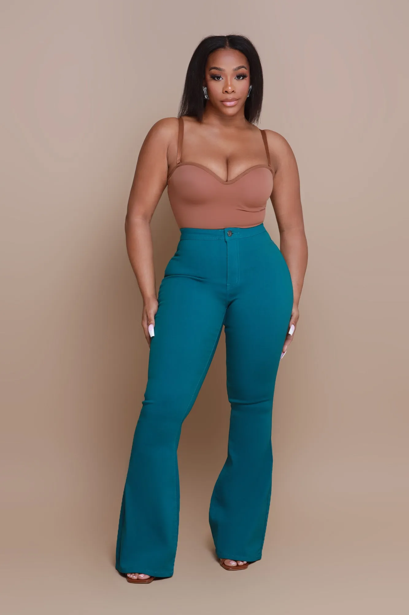 Super Swank High Rise Flare Stretchy Jeans - Teal