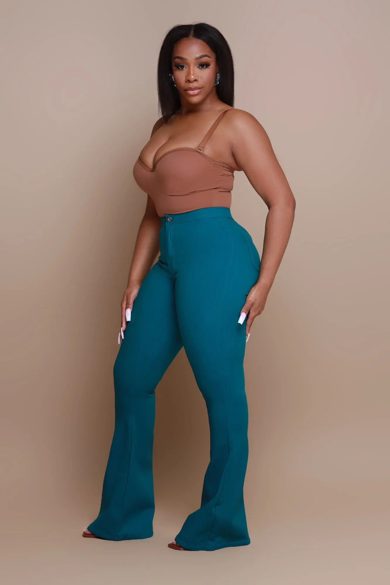 Super Swank High Rise Flare Stretchy Jeans - Teal