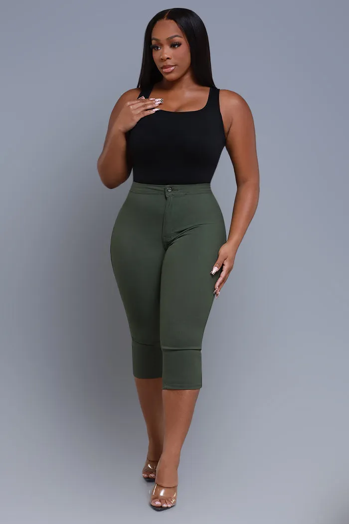 Super Swank High Rise Stretchy Capri Pants - Olive